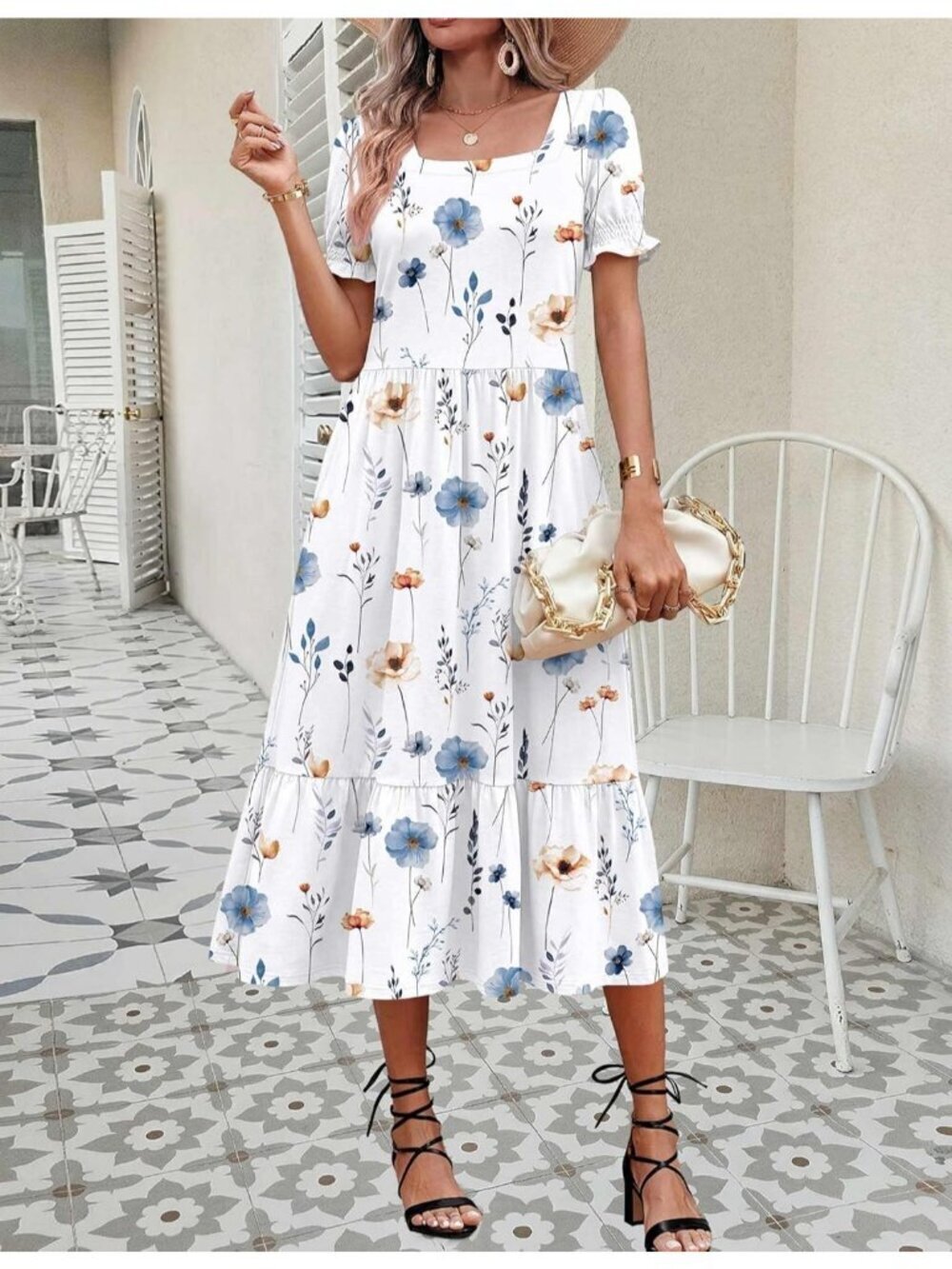 Zeagoo Women's White Floral Flowy Casual Short Sleeve Tiered Midi Maxi Dress - Picture 4 of 6